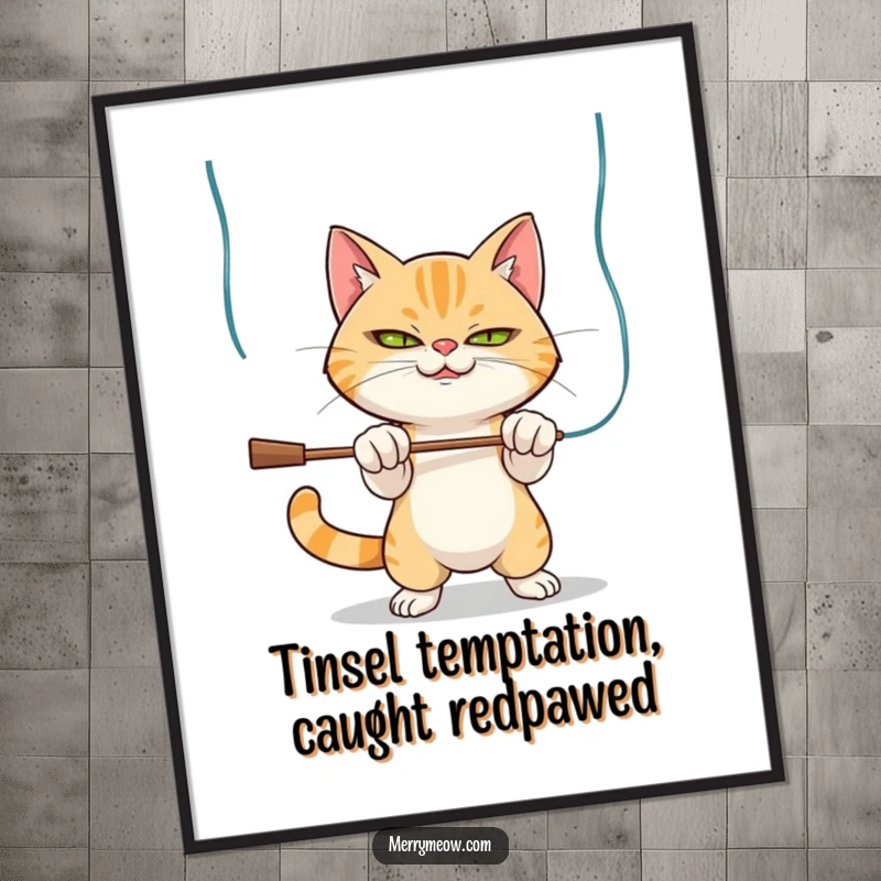Funny Free Printable Wall Art: Mischievous cat batting playfully at shiny tinsel, adding a touch of holiday fun.