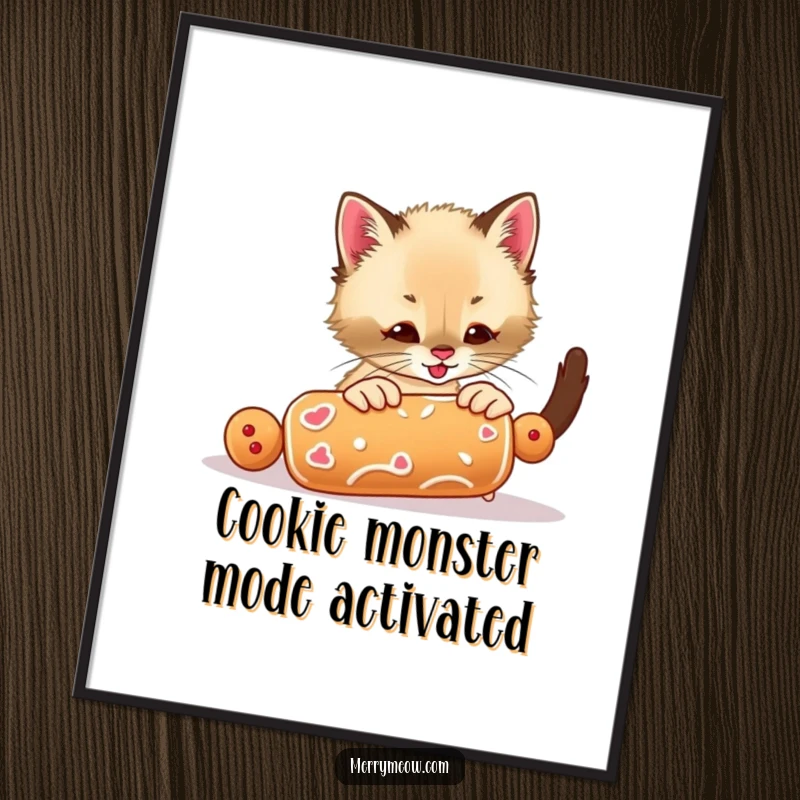 Funny Free Printable Wall Art: A Siamese kitten enthusiastically plays with a rolling gingerbread cookie.