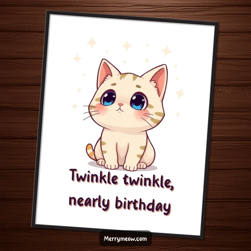 Funny Free Printable Wall Art: A cat gazing with wide-eyed surprise up at a canopy of twinkling lights, evoking wonder.