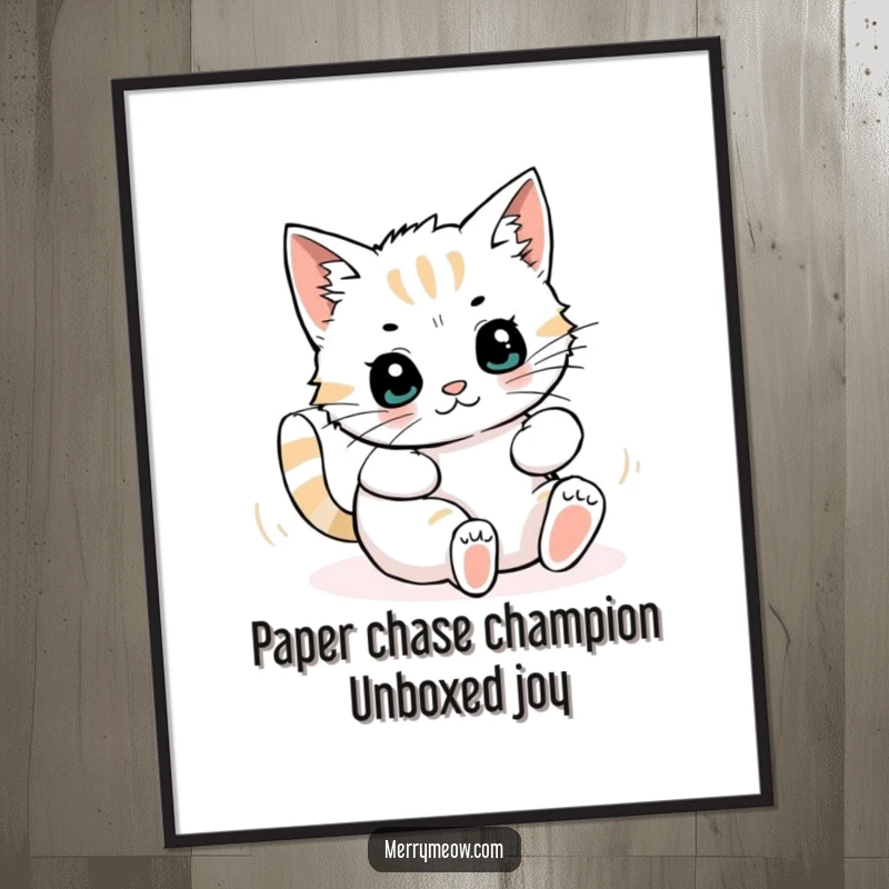 Funny Free Printable Wall Art: A cat gleefully tangled in shredded wrapping paper, hilarious decor.