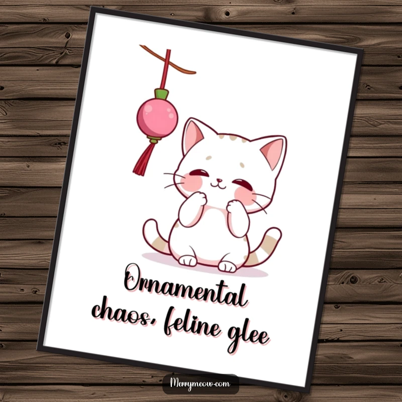 Funny Free Printable Wall Art: A mischievous cat gleefully batting at a dangling ornament, full of playful energy.