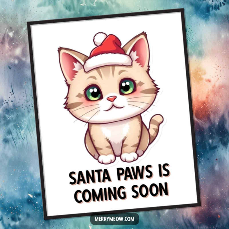 Funny Free Printable Wall Art: A cat character wearing a tiny Santa hat looks festive and cute.