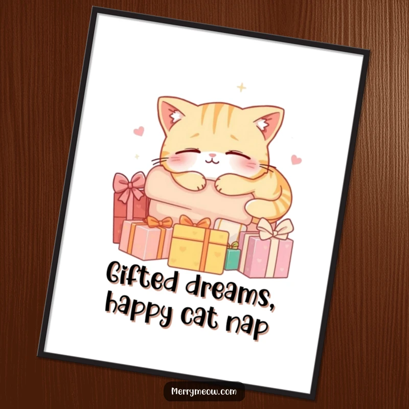 Funny Free Printable Wall Art: A content cat deeply asleep on a large mound of beautifully wrapped presents.