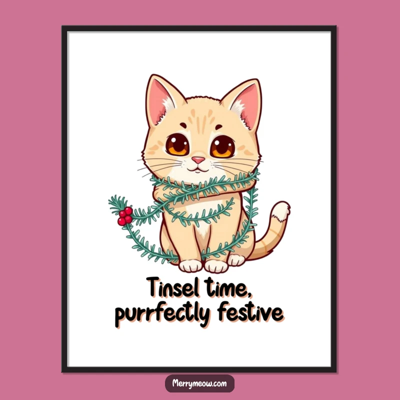 Funny Free Printable Wall Art: Tinsel Cat Decor - Festive Downloadable Art Print