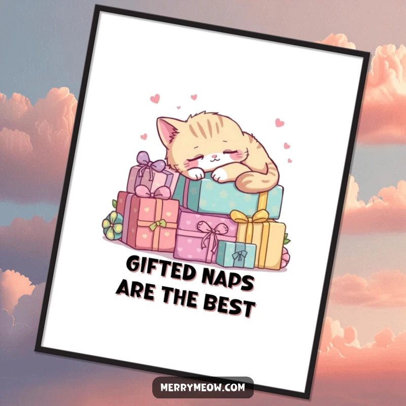 Funny Free Printable Kawaii Cat Wall Art, a peaceful cat napping soundly on a delightful pile of festive presents.