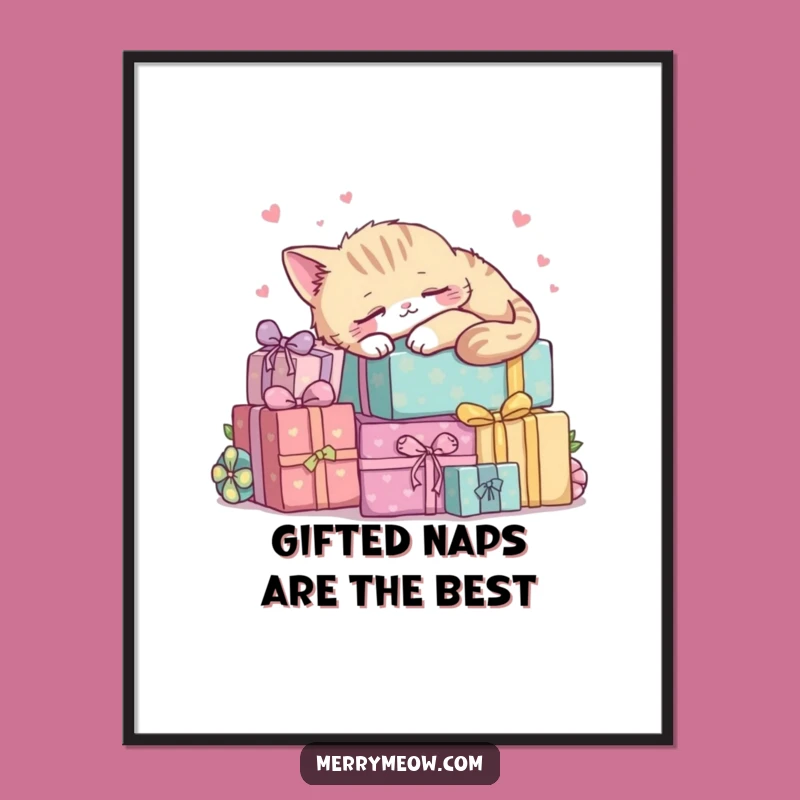 Free Printable Kawaii Cat Wall Art: Sleeping Cat on Presents Downloadable Art