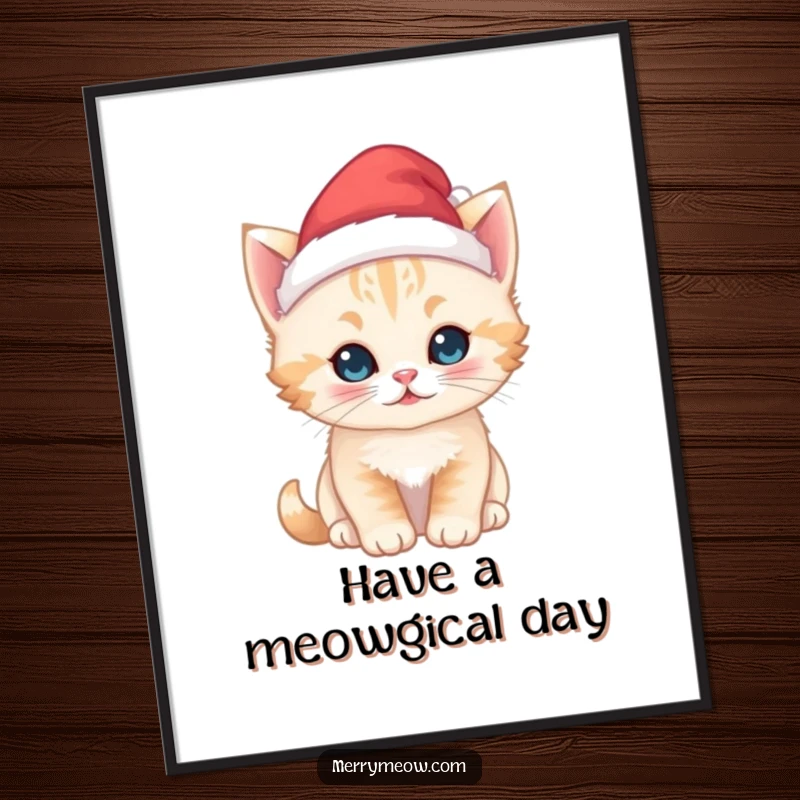 Cute free printable wall art of a kawaii kitten wearing a little Santa hat, perfect for holiday decor.