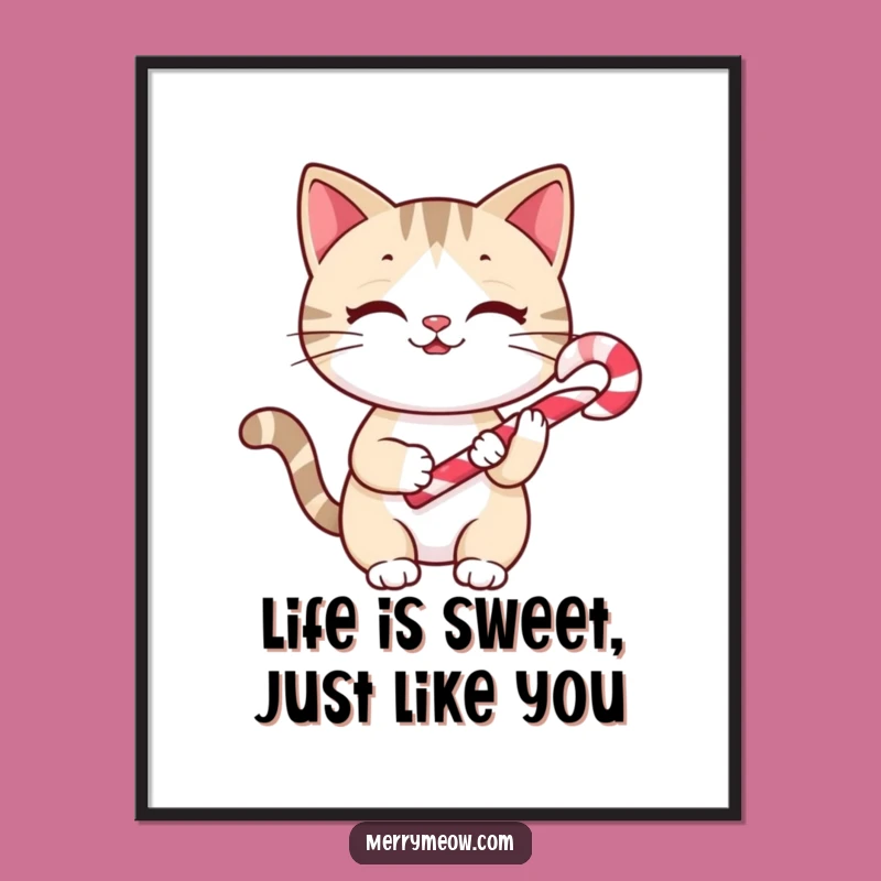 Free Printable Wall Art: Cheery Cat Candy Cane, Sweet Downloadable Art!