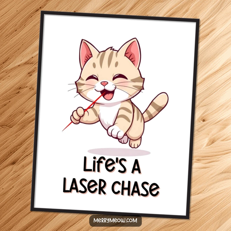 Funny Free Printable Wall Art: a tabby cat in mid-leap, eyes locked on a mesmerizing red laser dot.