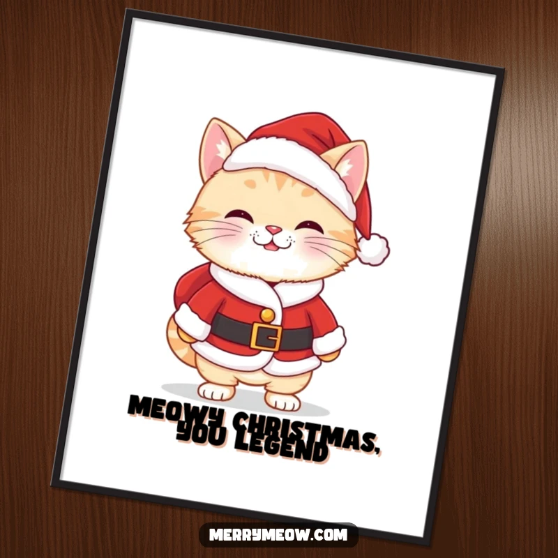 Funny free printable wall art, a kawaii cat in a Santa suit with a cheeky grin, spreading holiday mischief and joy.