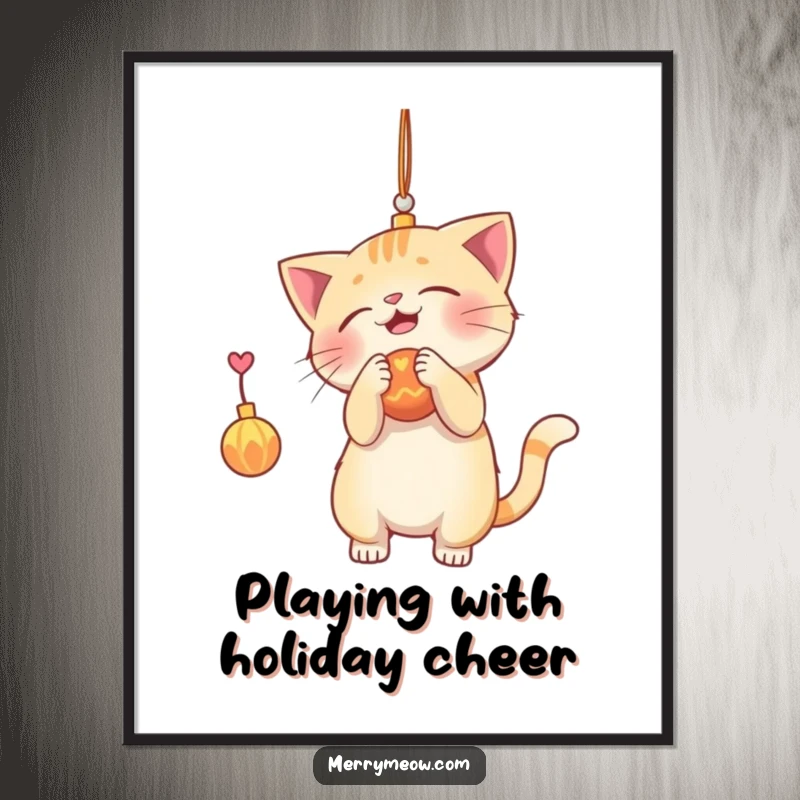 Funny Free Printable Wall Art: A curious cat character playfully batting at a dangling ornament, adding a whimsical touch.