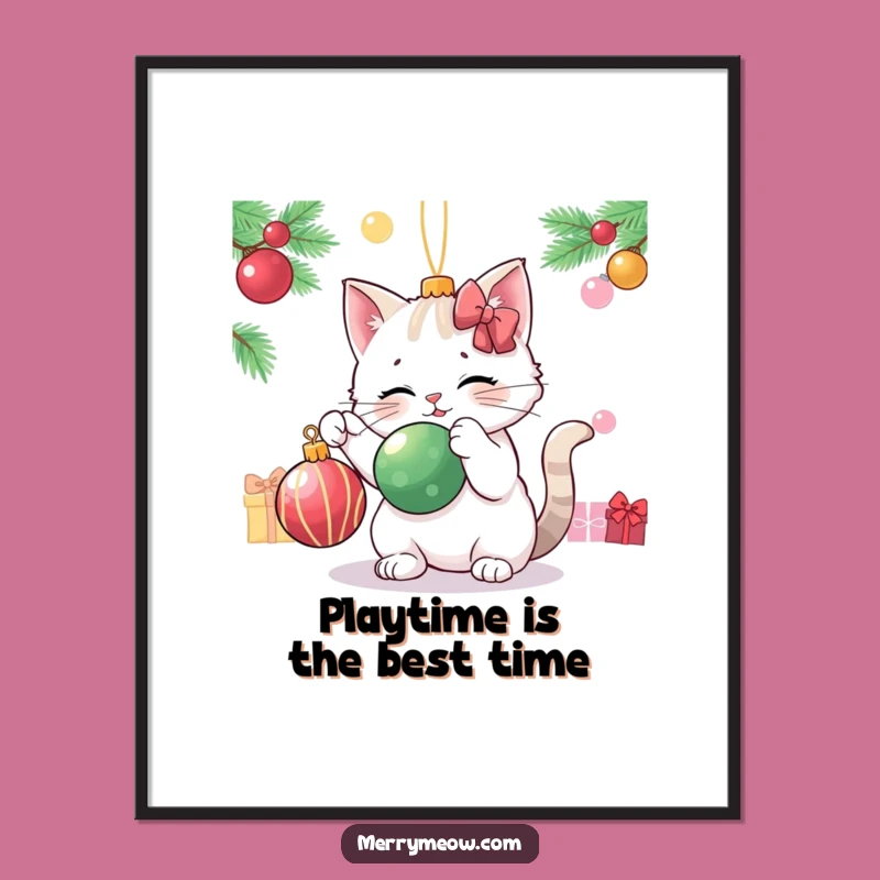 Funny Free Printable Wall Art: Cat Playing with Ornament! Holiday Downloadable Art