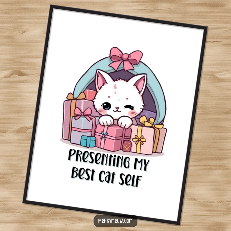 Funny free printable wall art depicting a sneaky cat peeking from under a pile of colorful gift boxes, adding playful charm.