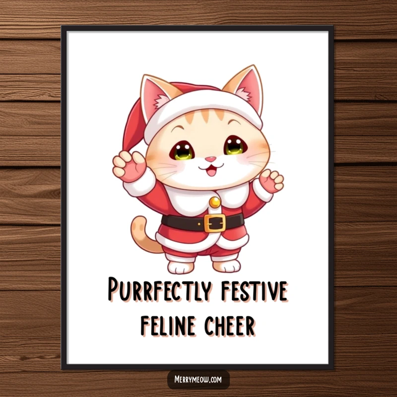 Funny Free Printable Wall Art of a cute cat dressed as Santa waving cheerfully, perfect for holiday decor.