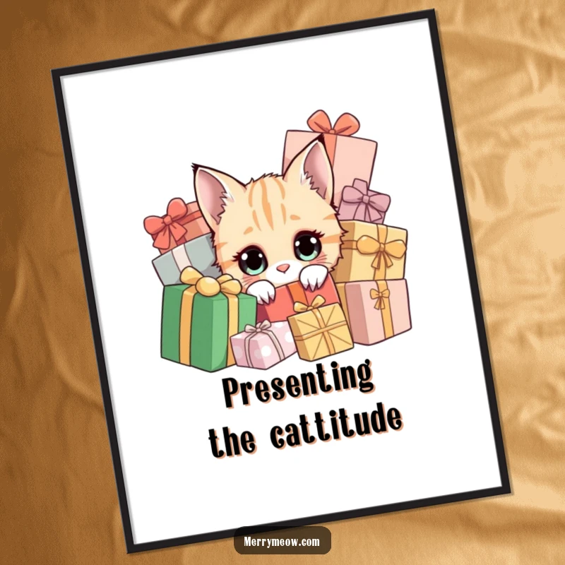 Free Printable Wall Art featuring a curious cat with wide eyes peeking from a pile of wrapped presents, adding a touch of playful mystery.