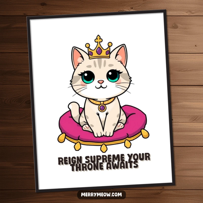 Funny Free Printable Wall Art: Regal cat with tiny crown sitting on velvet cushion, a humorous and majestic decorative piece.