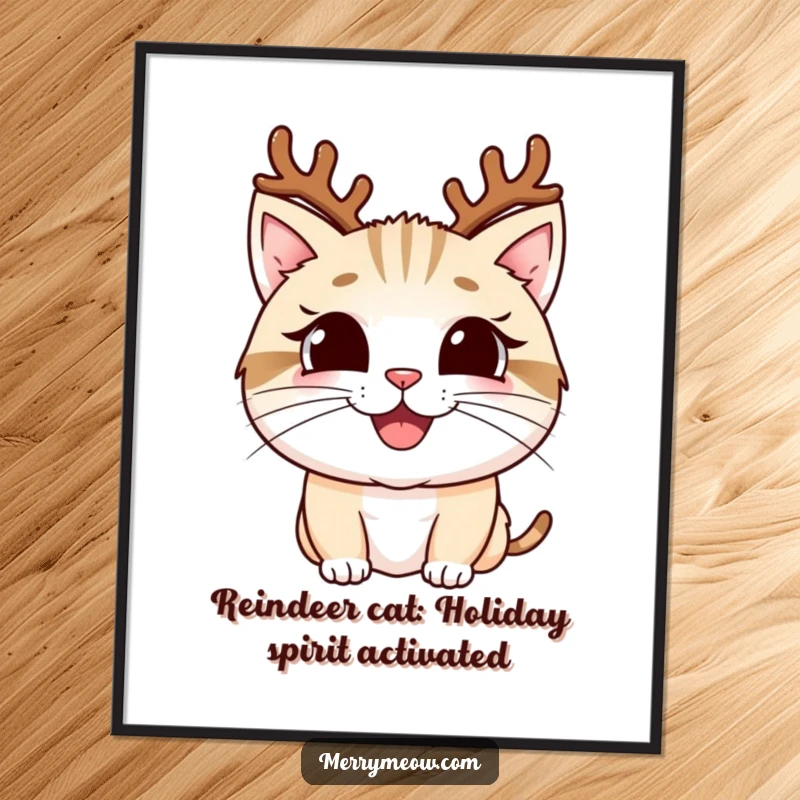 Funny Free Printable Wall Art: A large, joyous cat wearing Christmas antlers and a wide, toothy smile.