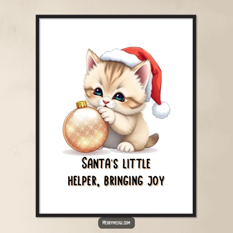 Free printable wall art: A fluffy kitten in a Santa hat playfully bats a shimmering ornament, creating a festive and cute holiday scene.