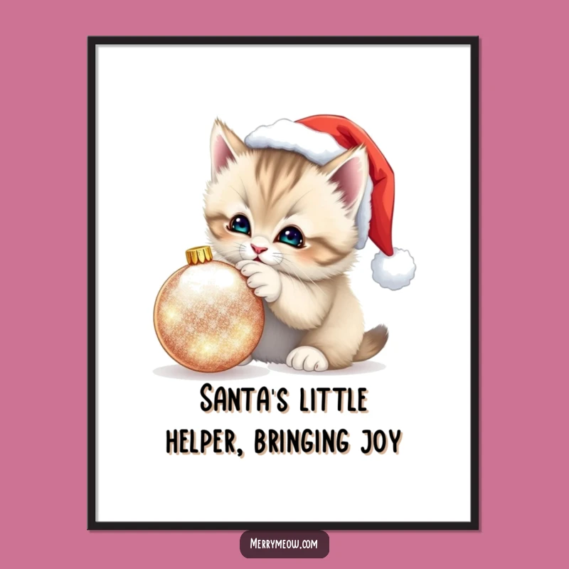 Free Printable Kitten Wall Art - Santa Hat Festive Scene Download
