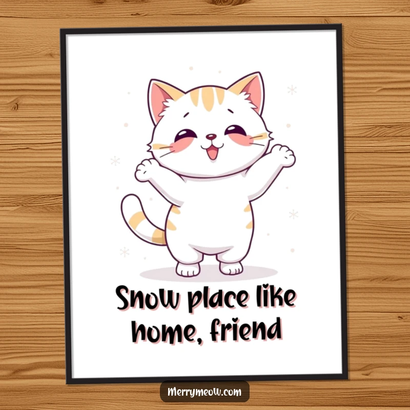 Funny free printable wall art, a kawaii cat performing a silly dance amidst snowflakes, bringing whimsical winter cheer.