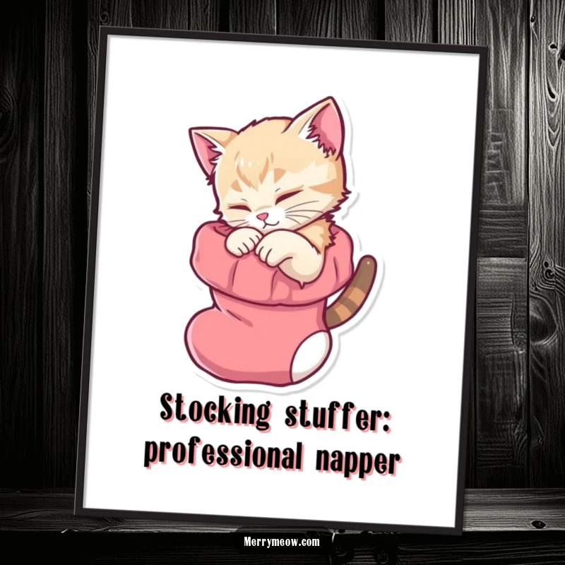 Cute Free Printable Wall Art: A fluffy kitten nestled cozily inside a Christmas stocking, emitting peaceful purrs.