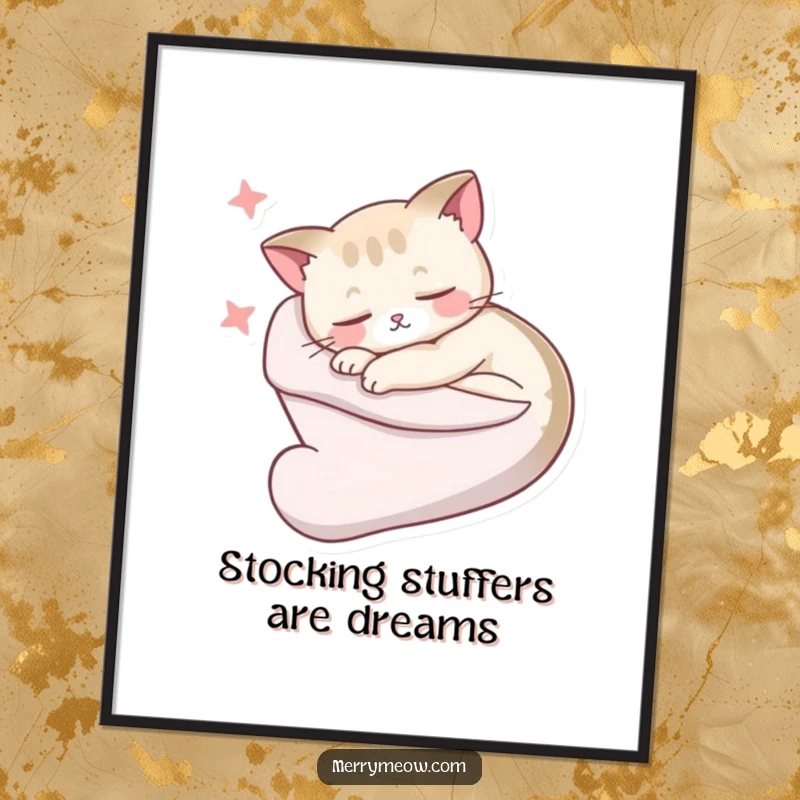 Funny Free Printable Wall Art: Sleepy cat curled in stocking, dreaming sweet dreams, creating a cozy and humorous ambiance.