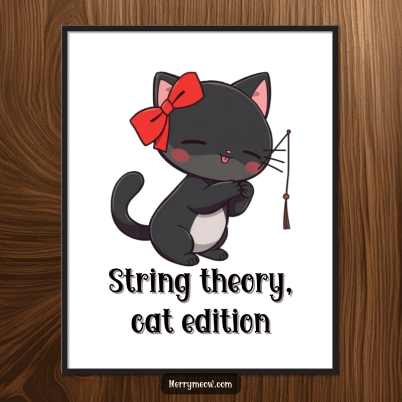 Funny Free Printable Wall Art: Black cat with red ribbon playfully batting at string, an energetic and humorous decorative piece.