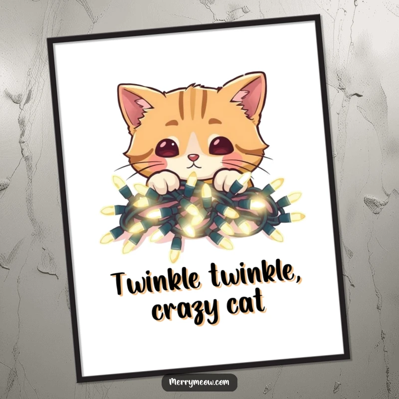 Funny Free Printable Wall Art: a cat peeks over a heap of dazzling, luminous Christmas lights.