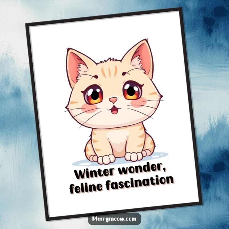 Funny Free Printable Wall Art: A cat with incredibly wide, excited eyes staring intently at snowflakes falling outside.