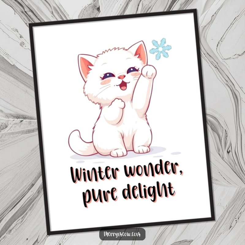 Funny Free Printable Wall Art: A fluffy white kitten delights in batting at a single, delicate falling snowflake.
