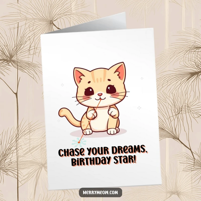 Funny Free Printable Kawaii Cat Birthday Card, a cat energetically chasing a laser dot across a snowflake.