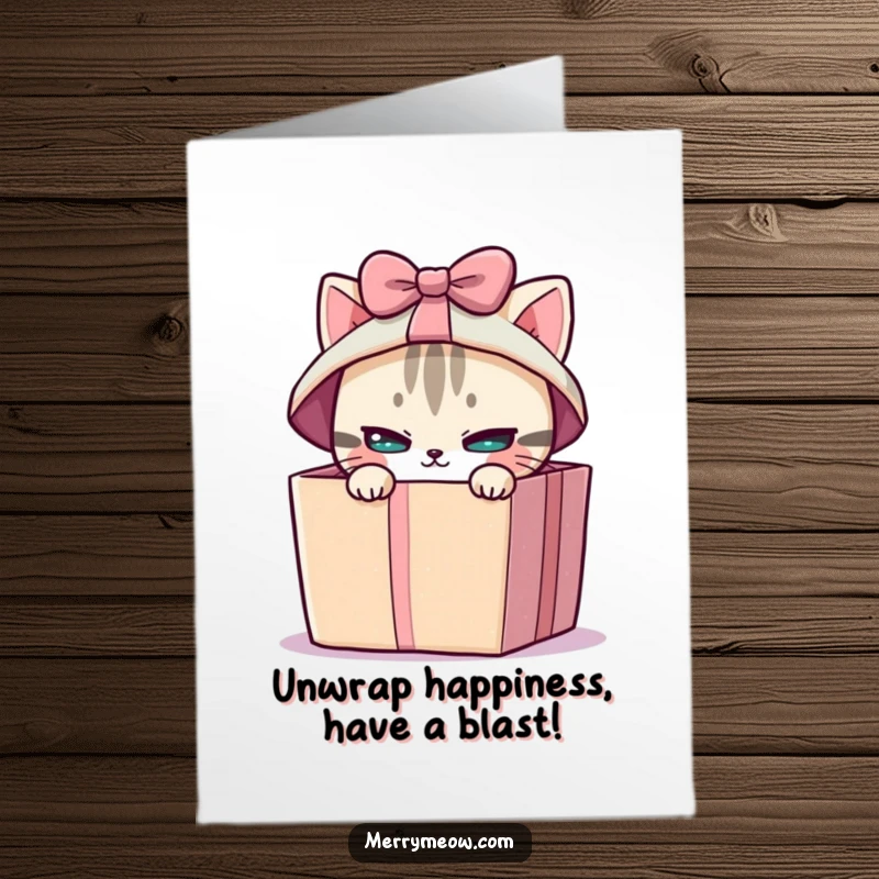 Funny free printable birthday card of a mischievous cat peeking out from a brightly wrapped gift box, looking curious and playful.