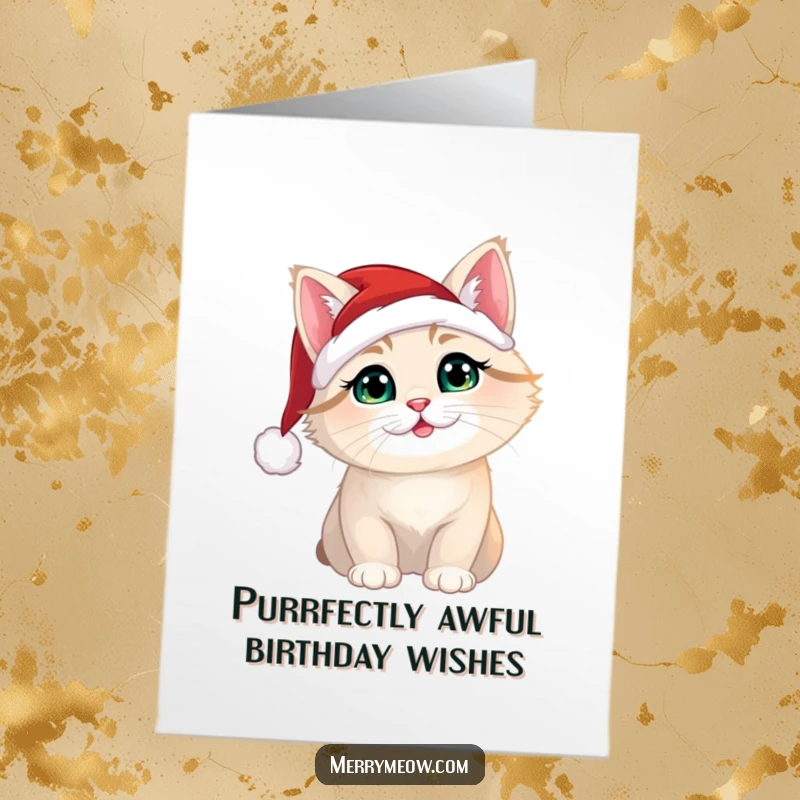 Funny Free Printable Birthday Card: A Christmas cat wearing a tiny Santa hat wishes a happy, albeit slightly off-season, birthday.