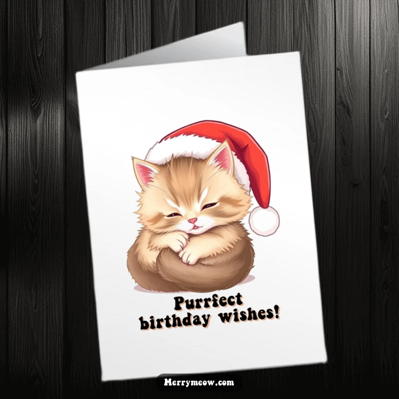 Funny Free Printable Birthday Card: Fluffy kitten snoozing peacefully in a small Santa hat, looking content.