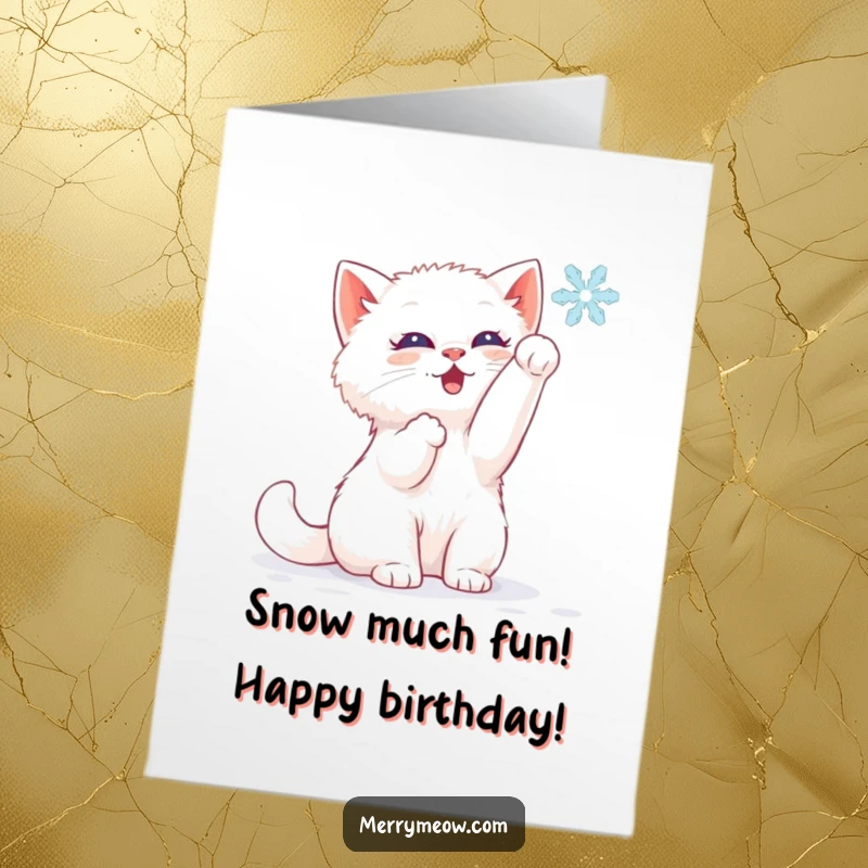 Funny Free Printable Birthday Card: A fluffy white kitten joyfully bats at a single falling snowflake with delight.