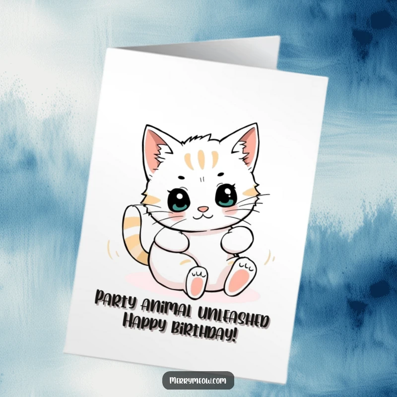 Funny Free Printable Birthday Card: Cat joyfully rolls in shredded wrapping paper, a hilarious DIY gift idea.