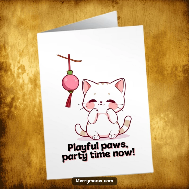 Funny Free Printable Birthday Card: Cat batting playfully at a dangling ornament, ready to pounce with birthday cheer.