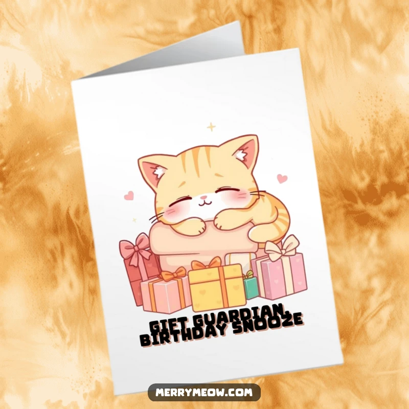 Funny Free Printable Birthday Card: A content cat happily napping soundly on a large pile of wrapped gifts.
