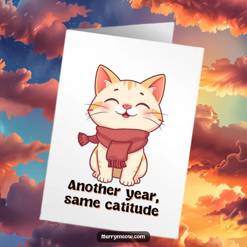 Funny Free Printable Birthday Card: A cat with a festive scarf, caught mid-giggle, radiating pure birthday joy.