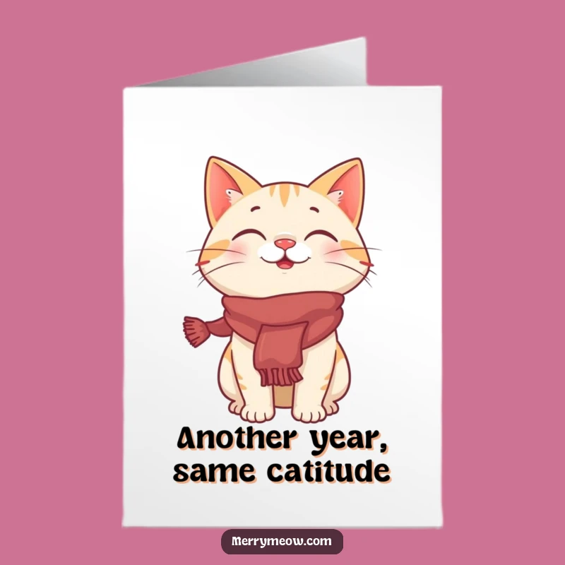 Free Printable Birthday Card: Giggling Cat with Scarf - Funny Downloadable Gift