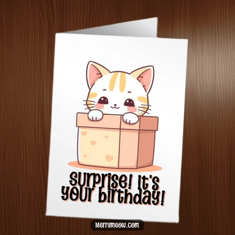 Funny Free Printable Birthday Card: Happy cat peeking out of a gift box with excitement for birthday wishes.