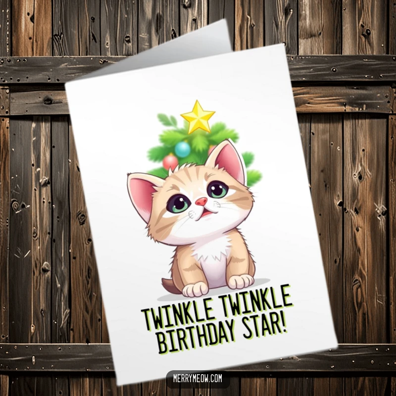 Funny Free Printable Birthday Card: Kitten gazing upwards with large, loving eyes at a glowing Christmas tree star.