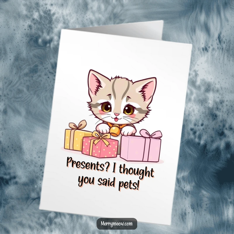 Funny Free Printable Birthday Card: Mischievous kitten with bell collar peeking playfully from behind a stack of colorful presents.