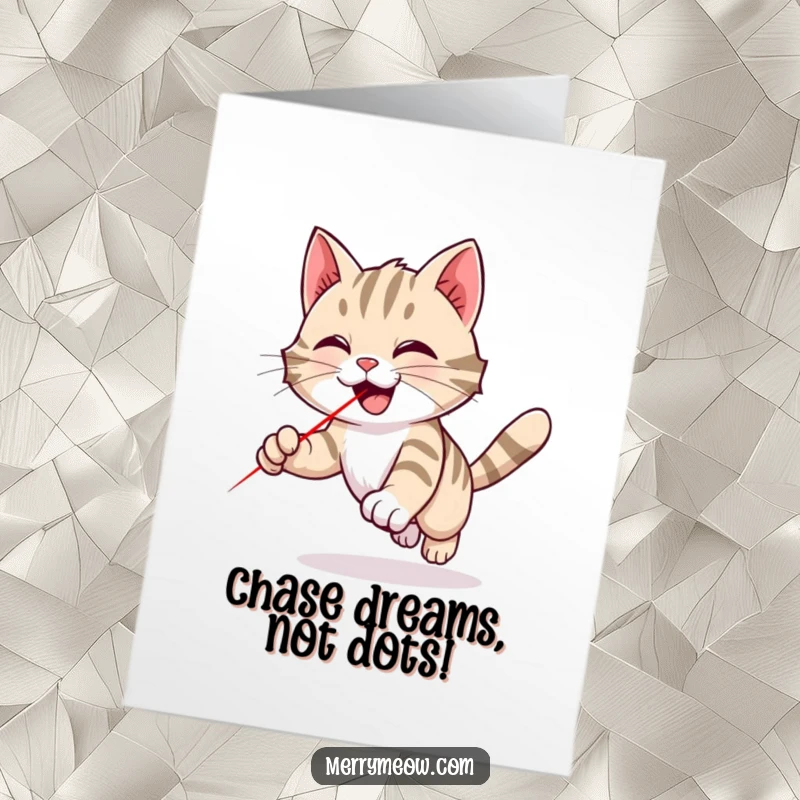 Funny Free Printable Birthday Card: playful tabby cat joyfully chasing a red laser dot with ecstatic abandon.
