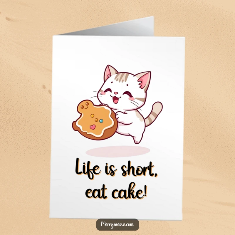 Funny free printable birthday card, a kawaii cat excitedly pouncing on a rolling gingerbread cookie, capturing a moment of playful chaos.