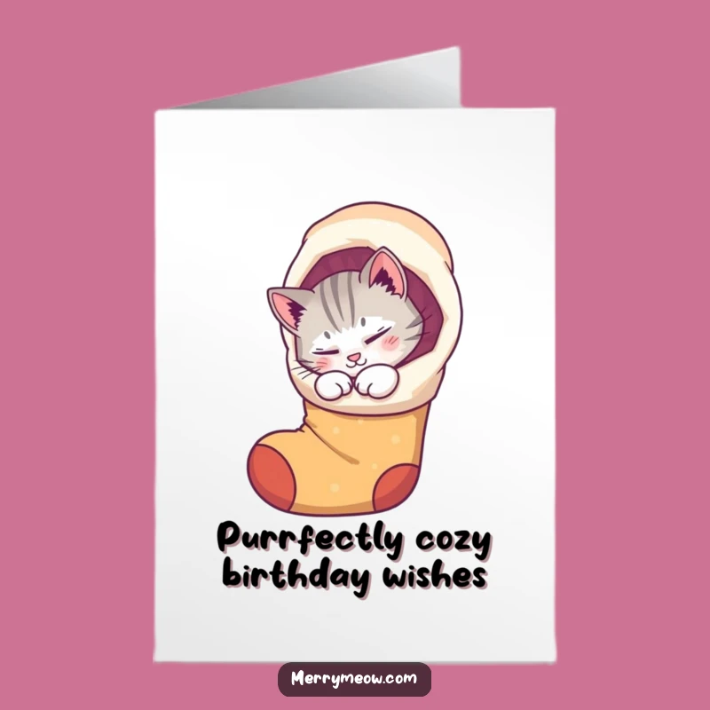 Free Printable Birthday Card: Purring Cat Whimsical Stocking Funny Downloadable Gift