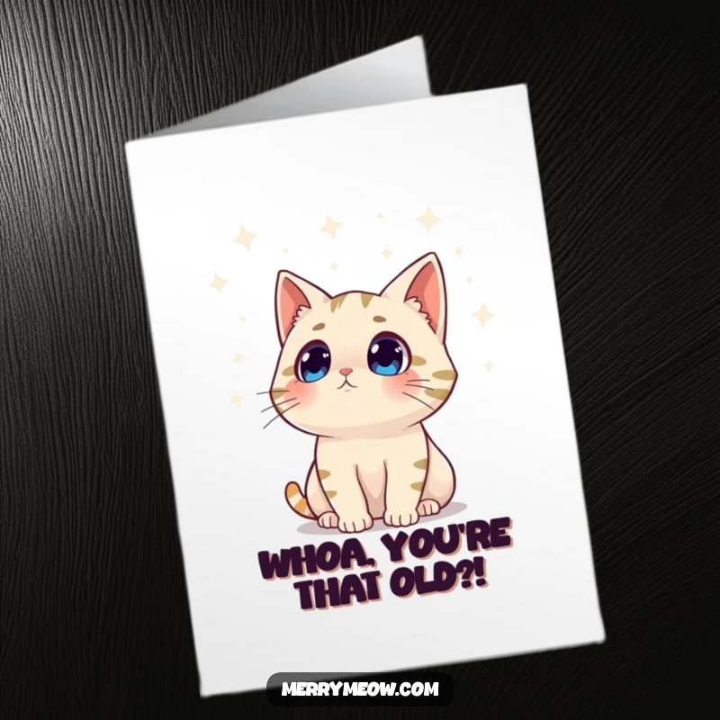 Funny Free Printable Birthday Card: A cat's wide-eyed surprise looking up at dazzling twinkling lights, capturing birthday magic.