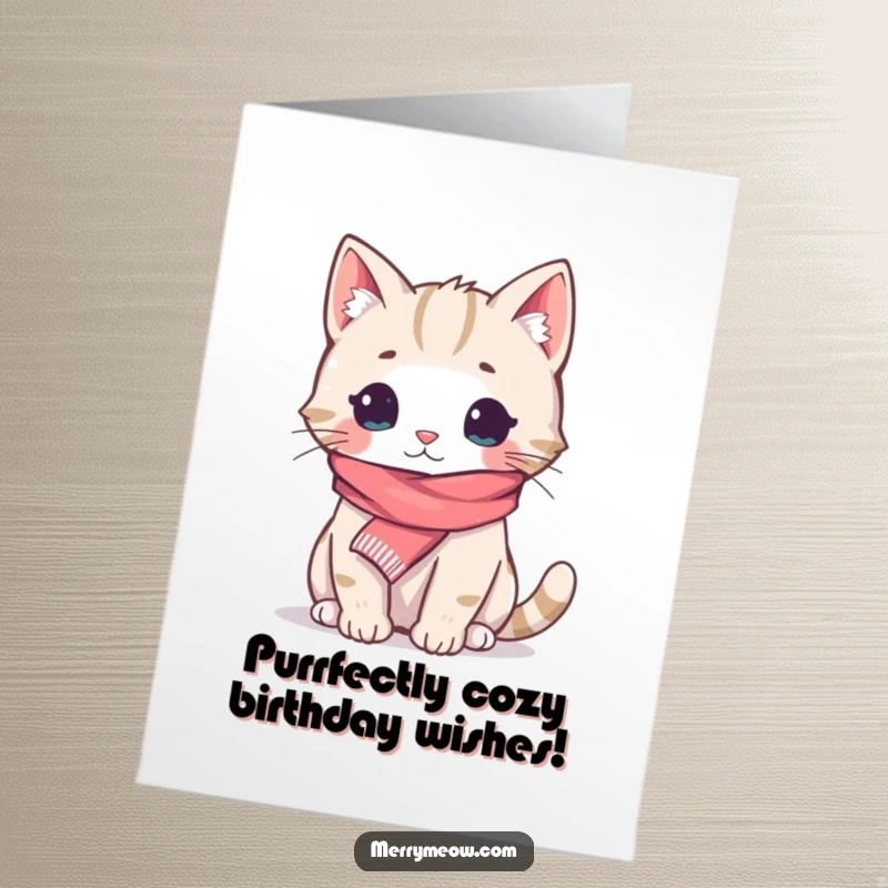 Funny Free Printable Birthday Card: A cozy cat in a tiny scarf, looking warm and content, ready to celebrate.