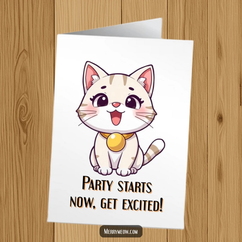 Free Printable Excited Cat Birthday Card: An overjoyed cat with a jingle bell collar celebrates a happy birthday.