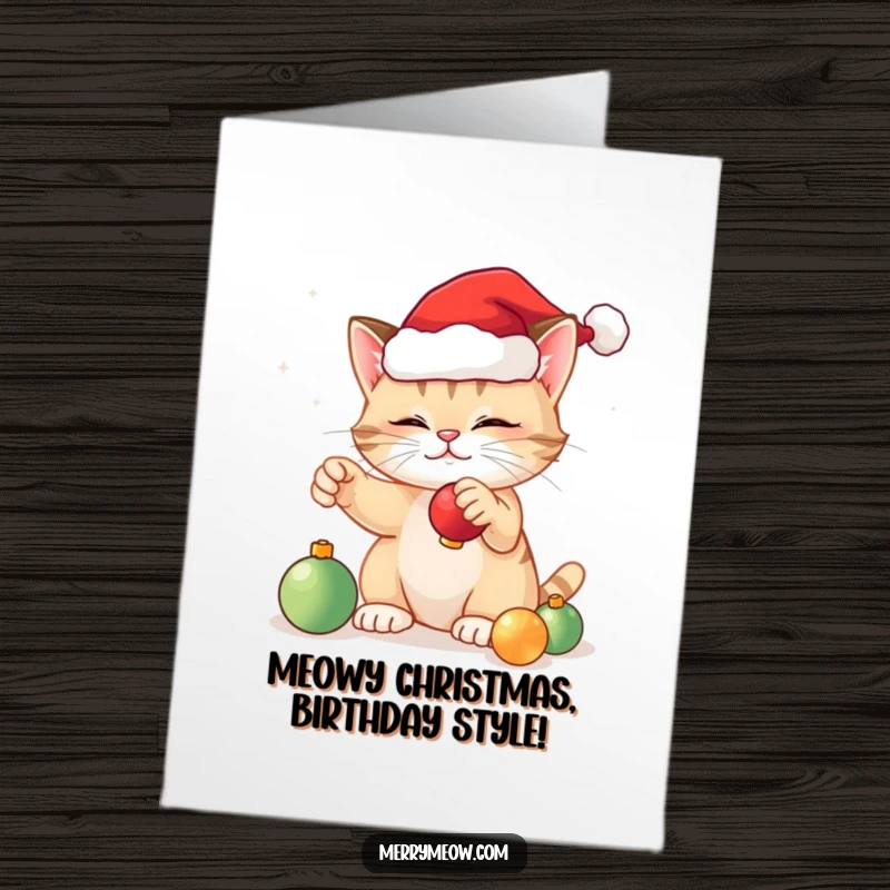 Funny Free Printable Birthday Card: A festive cat in a Santa hat playfully batting at Christmas ornaments, bringing holiday cheer.